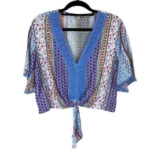 Gypsies & Moondust Blouse BoHo Floral Crochet Trim Tie Front Sky/Rose